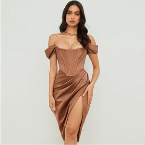 Glossy Satin Off Shoulder Draped Corset Cocktail Midi Dress CB